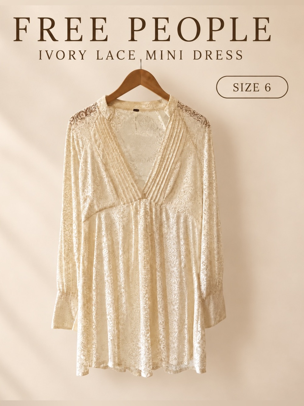Free People Ivory Lace Long Sleeve Mini Dress
